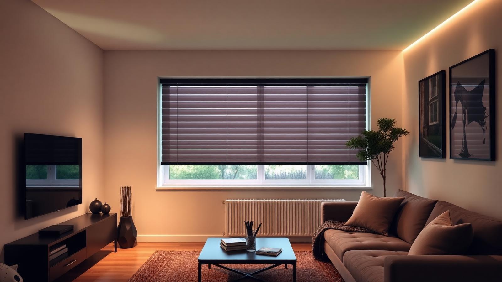 Woonkamer met domotica: bedieningspaneel, sfeerverlichting en automatische zonwering
