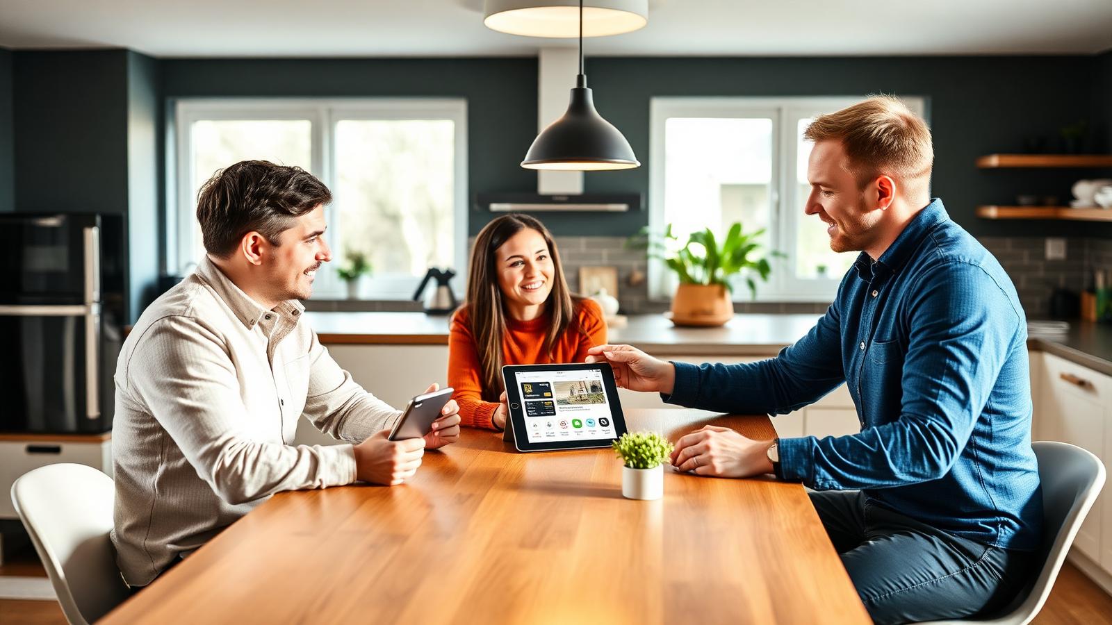Smart home specialist geeft advies aan bewoners aan de keukentafel