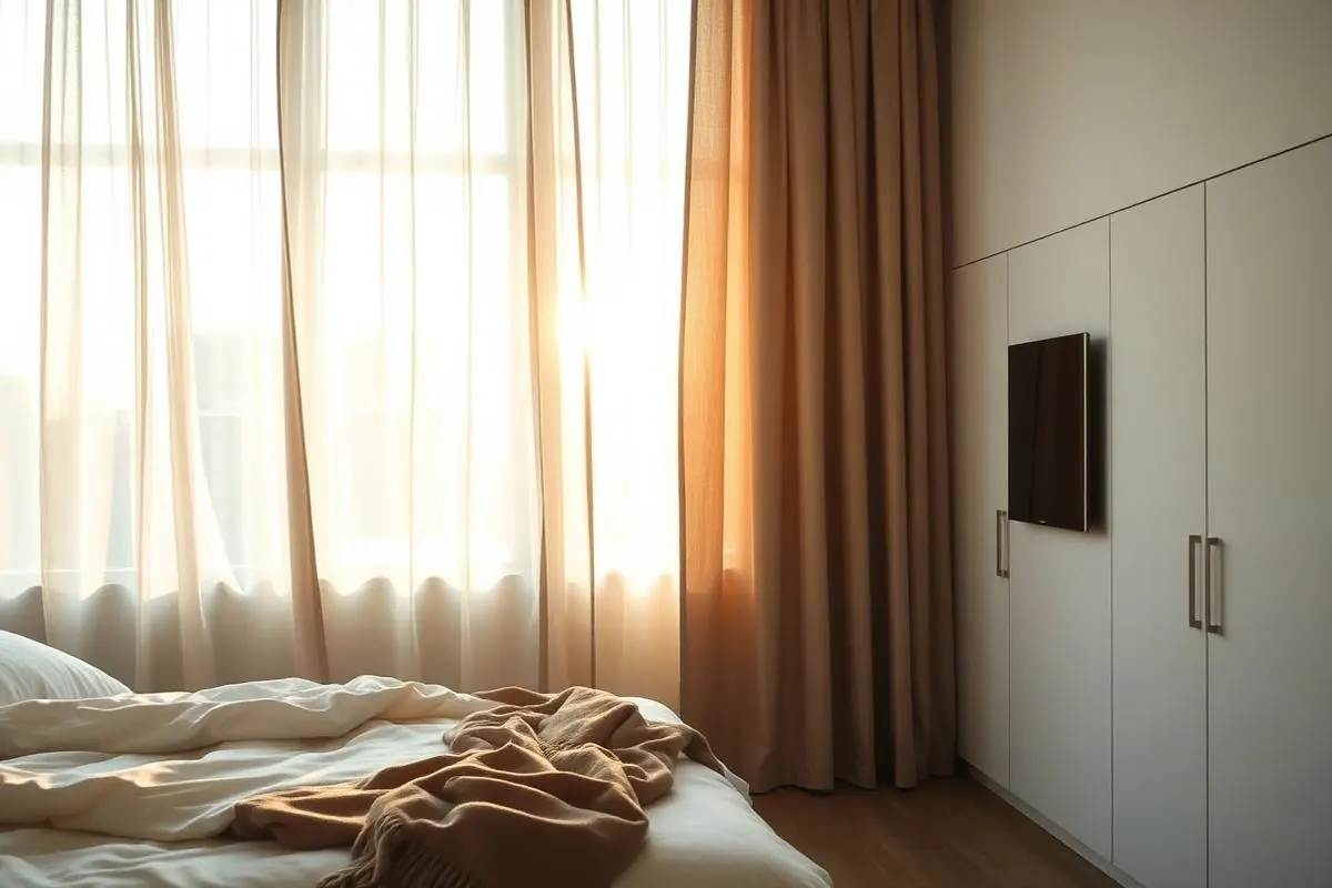 Gordijnen in een slaapkamer met zonlicht door het raam