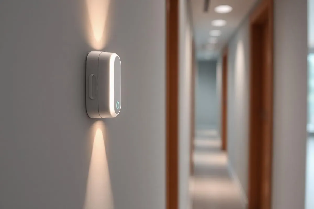 Draadloze sensor aan een muur in een gang